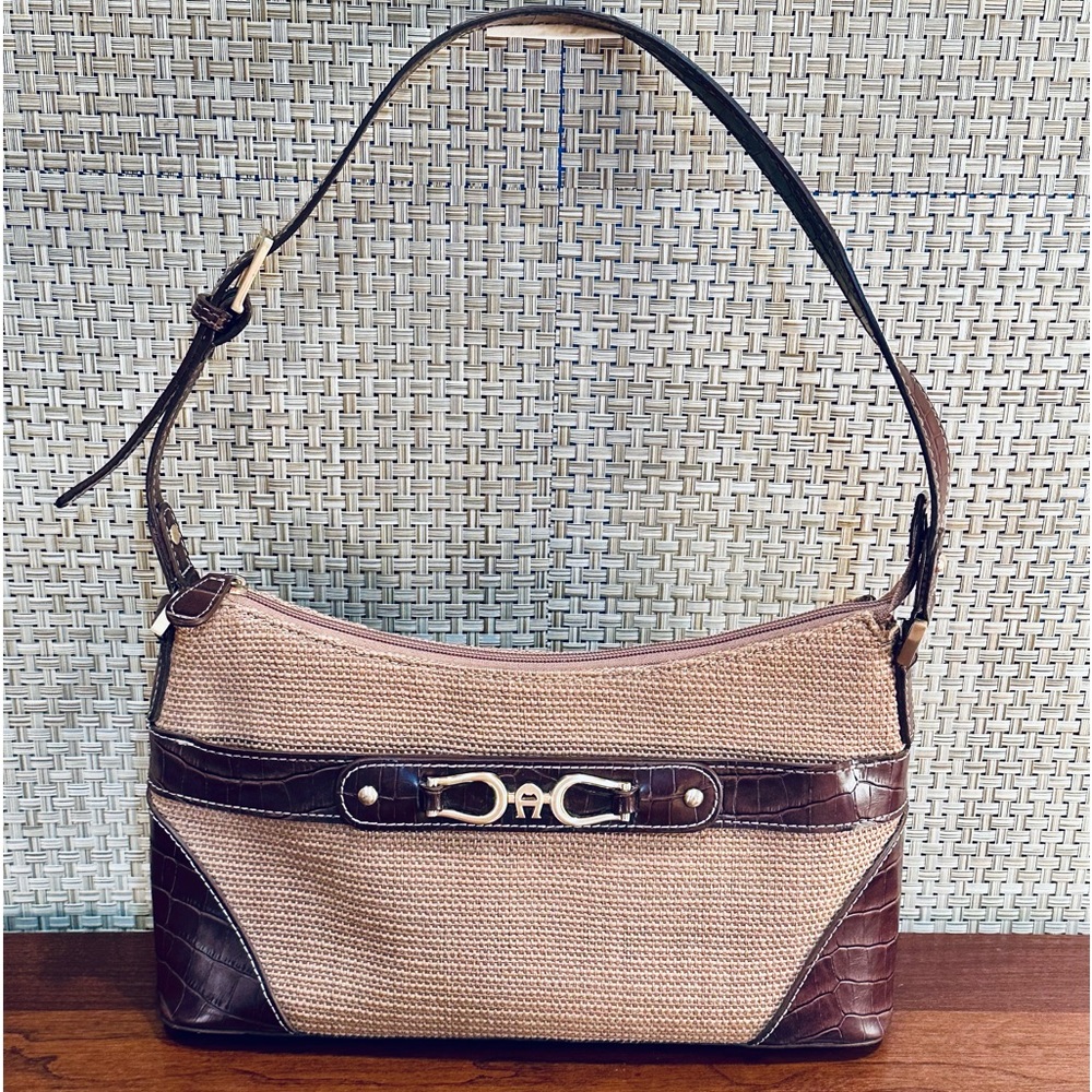 VTG 2000s Etienne Aigner Faux Straw & Brown Croco Faux Leather Shoulder Bag